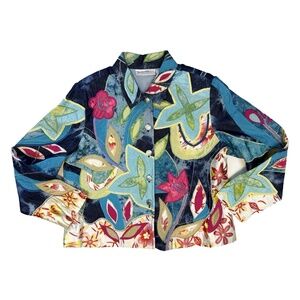 Drapers & Damons Vintage Women Blazer Size L Petite Blue Denim Colorful Floral